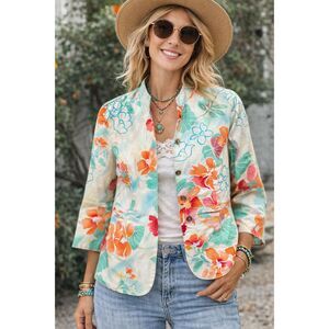 Coldwater Creek Floral Jacket Blazer P8 Tropical Linen Blend Boho Spring